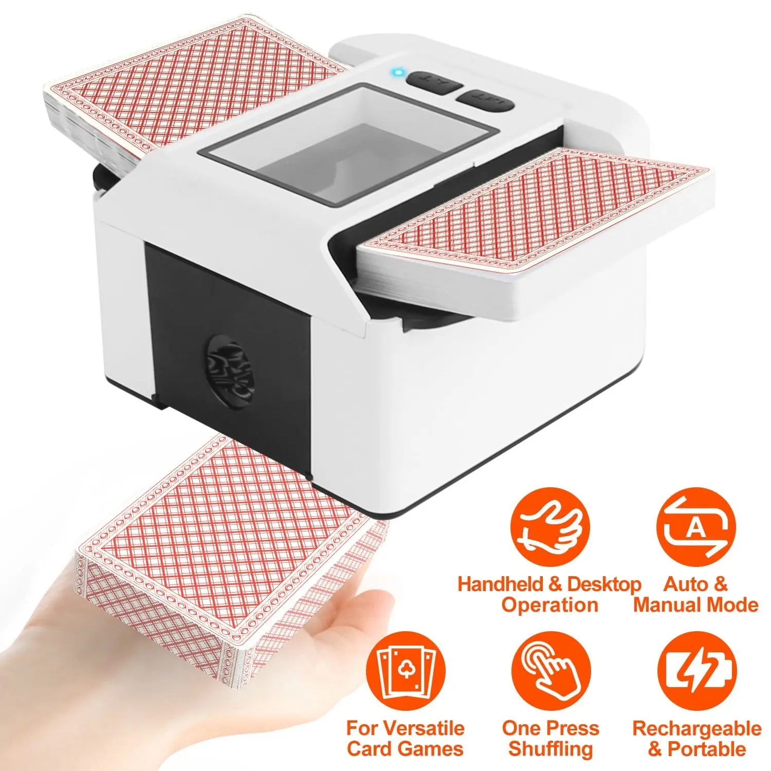 

Portable 2-Deck Rechargeable Card Shuffler 2000 MAh Battery 2-sec Shuffle Auto Manual Modes for Poker Narrow Cards-for Game