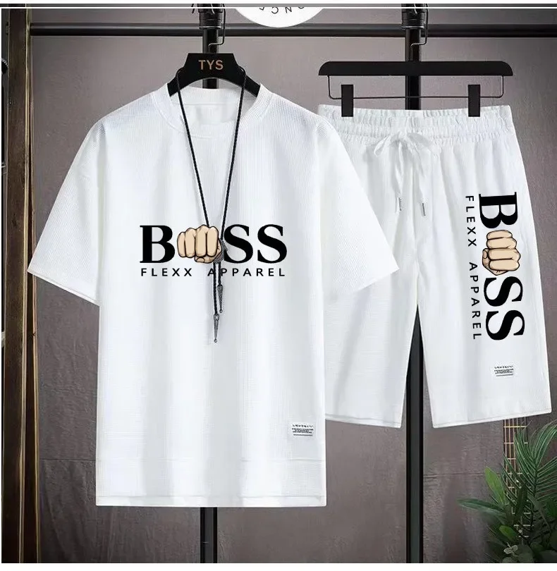 BSS FLEXX APPAREL ผู้ชาย 2 ชิ้นชุดผ้าลินินผ้าสบายๆเสื้อยืดและกางเกงขาสั้นชุดบุรุษชุดกีฬาแฟชั่นแขนสั้น