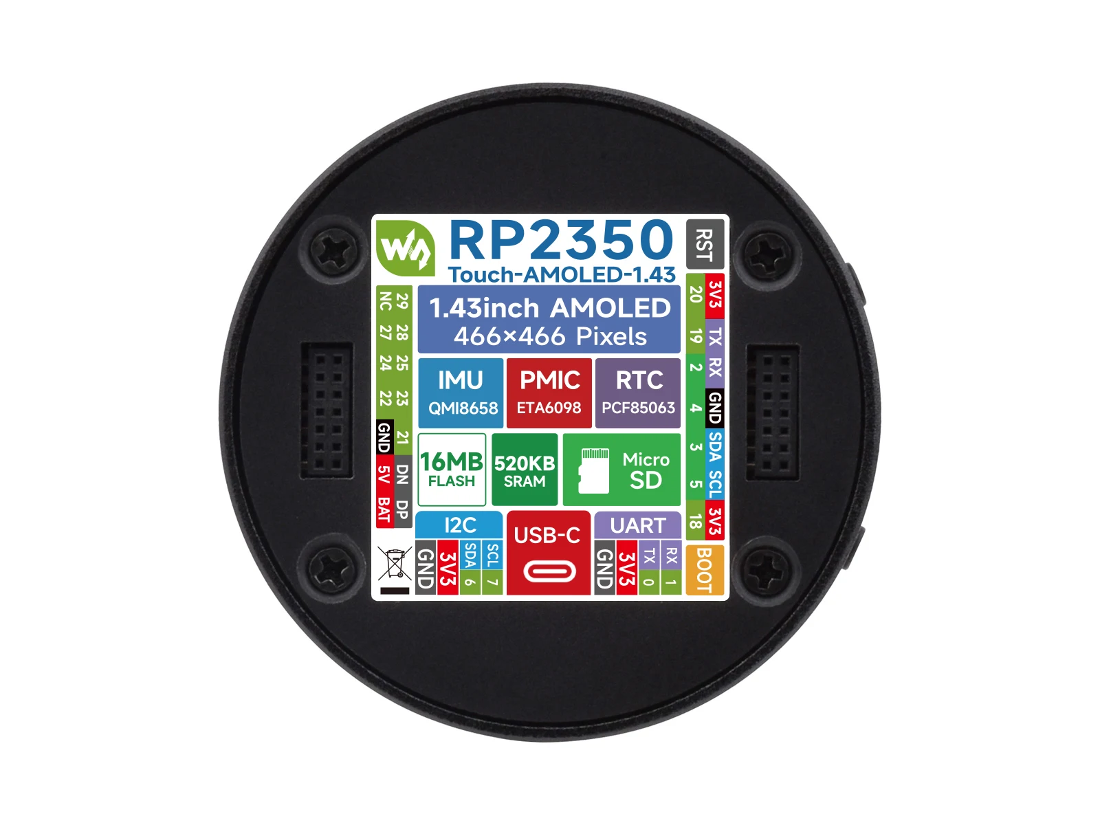 RP2350 1.43inch AMOLED Display Development Board, 466×466, SPI Interface Round Display, Onboard Accelerometer And Gyroscope Sens