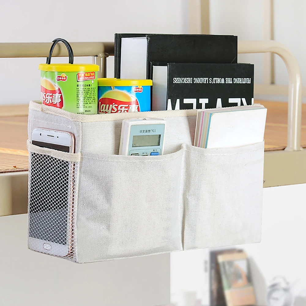 Linen Hanging Storage Basket Cotton Dorm Organizer Bedside Closet Bag Multi-Pocket Wall Shelf Foldable College Room Accessories