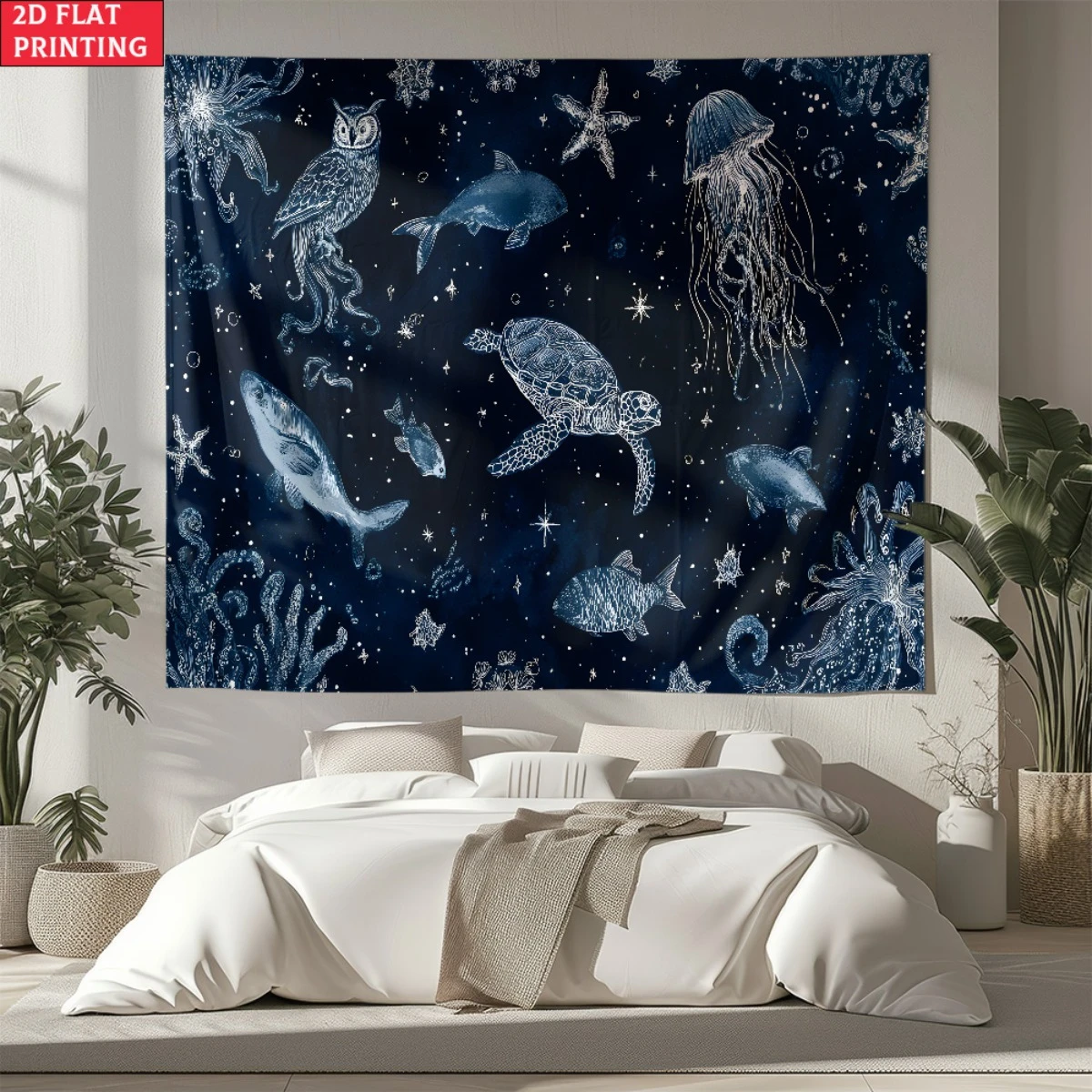 1pc Navy Blue Starry Ocean Creature Tapestry, Vintage Celestial Sea Life Wall Hanging for Bedroom Living Room Dorm Decor
