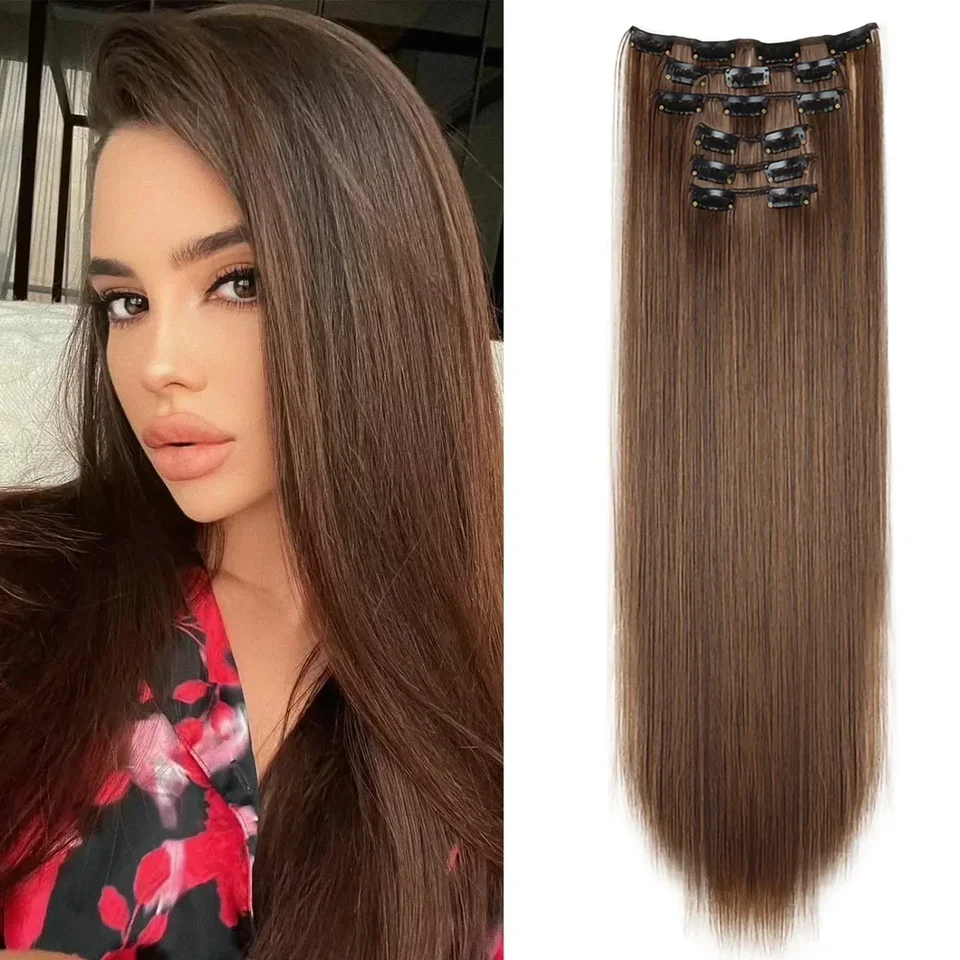 Extensiones de Cabello Negro de 24 Pulgadas/60cm, 6 Piezas por Set, Cabello Largo Liso Sintético para Cabeza Completa con 16 Clips, Fibra Resistente al Calor Ombre 6