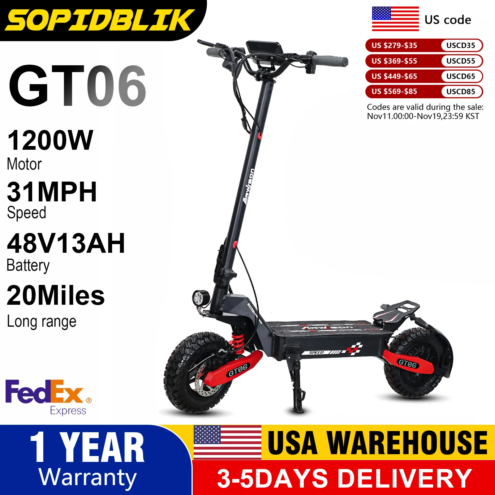 

SOPINBLIK E-Scooter GT06 1200W Foldable E-Scooter for Adults -Max Speed 31MPH,48V 13AH,Load 330lbs,1"Off-Road Tires EScooter