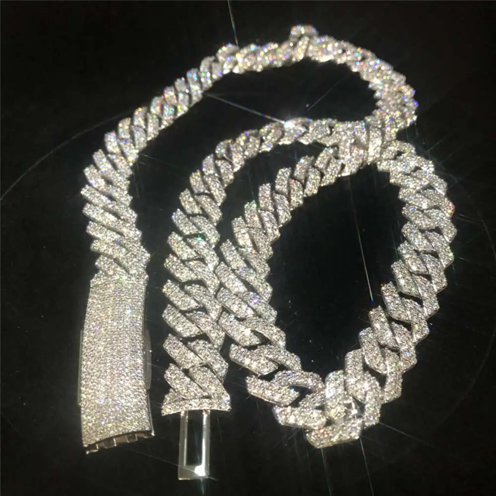 Luxury Full Iced Out Diamond Long Box Clasp 15mm Cuban Link Vvs1 Moissanite Hip Hop Jewelry Chain Sterling Silver Cuban Bracelet