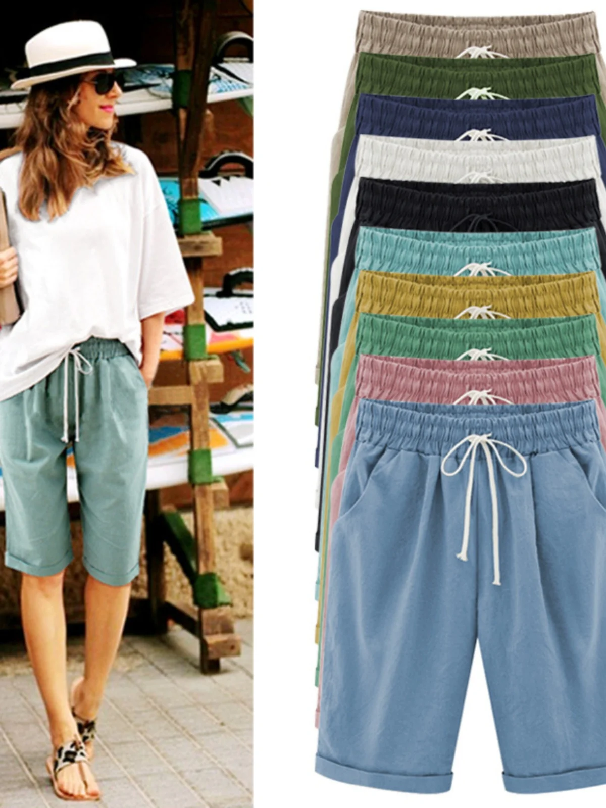 Pantalones informales finos de longitud media para mujer, pantalones de punto de algodón transpirables y cómodos de talla grande, corte en la cintura, verano