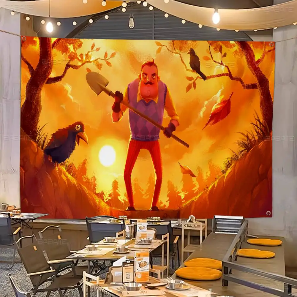Popular Horror Game Hello N-Neighbor Anime Large Size Flags Printing Patterns Interesting Birthday Party Decorations Banner