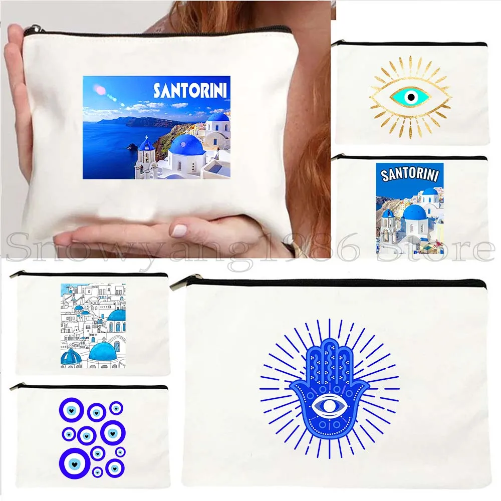 

Greece Flag Map Ellas Greek Evil Eye Athen Santorini Oia KOS Island Canvas Cosmetic Bag Makeup Lipstick Travel Pouch Pencil Case