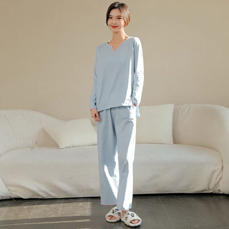 Spring and Autumn Pajamas Cotton Women's Summer New Long Sleeve V-Neck Contrast Color Loose Women's Cotton Home Dwelling Suit