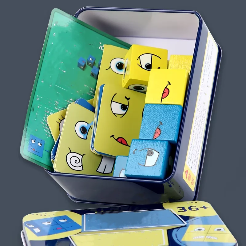 Kubus Gezicht Verandering Bouwstenen Bordspel Houten Puzzel Montessori Uitdrukking Houten Blokken Blocos Voor Kinderen Kinderen Speelgoed Cadeau