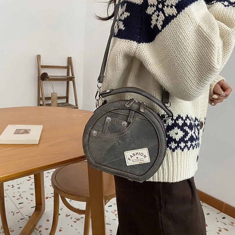 Runde Handtasche Retro Shoudler Taschen für Frauen 2024 Mini kleine Umhängetasche klassische Pu Griff Geldbörse Bolasas runde Einkaufstasche – Detail 7