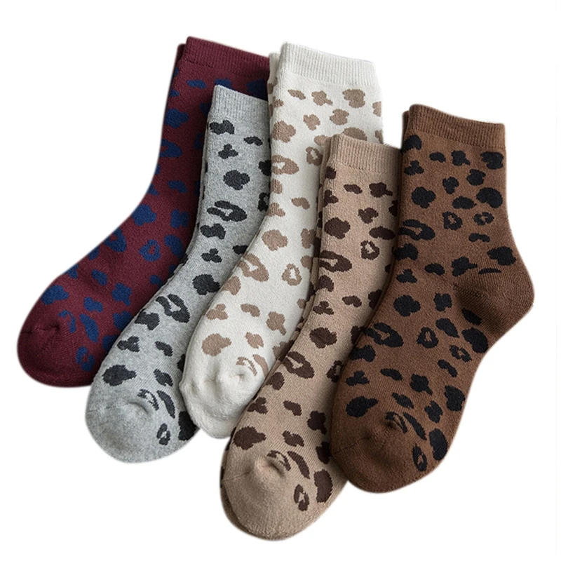 5 Pairs Women Cotton Socks Spotted Leopard Print Terry Thick Warm Hosiery