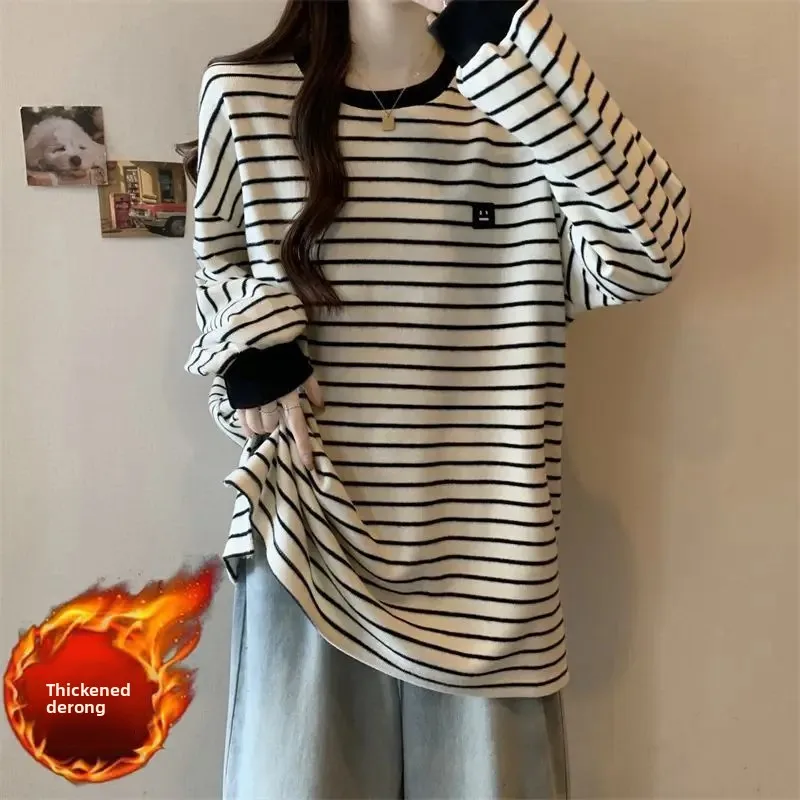 

Свободный утягивающий топ средней длины большого размера на осень и зиму, утепленная бархатная полосатая теплая базовая рубашка, женская футболка