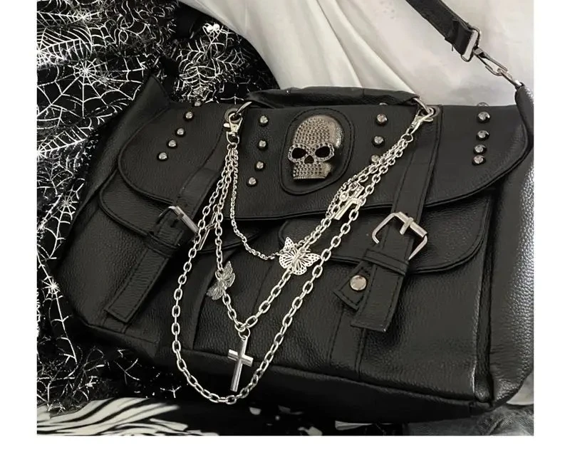 

Y2K Spicy Girls Harajuku Gothic Punk Skeleton Head Chain Locomotive Subculture One Shoulder Lolita Women's Crossbody Bags Tote