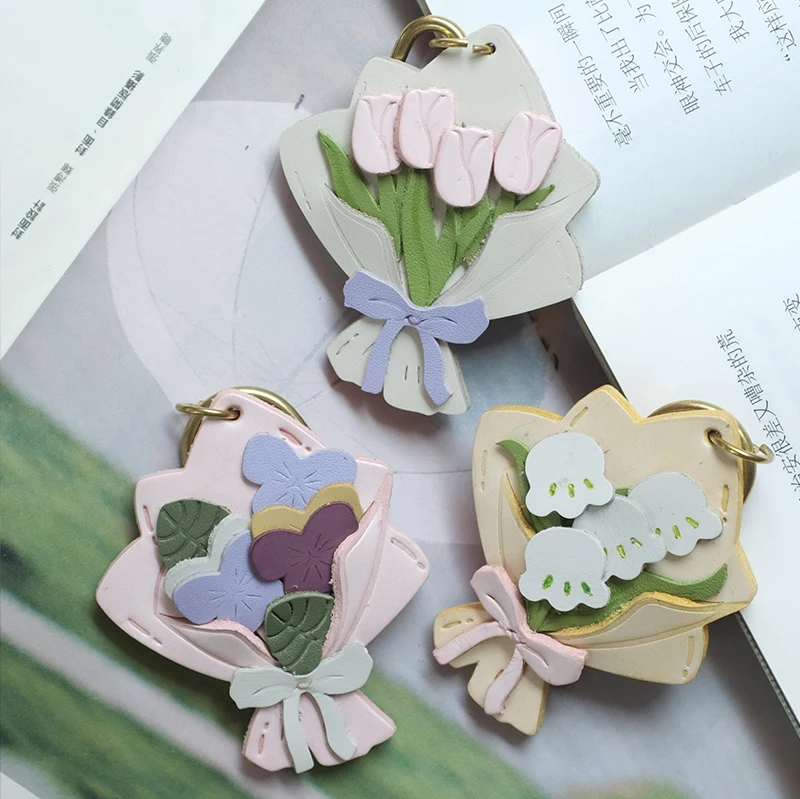 

Leather flower bouquet keychain, tulip and lily of the valley, gift for girls, birthday gift for best friend