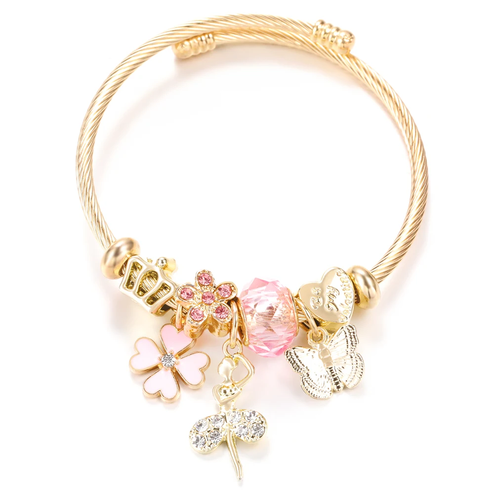 Trendy Golden Stainless Steel Ballet Girl Heart Shape Butterfly Pendant 4 Colors Beaded Bracelet Closure Bangles Women Jewelry