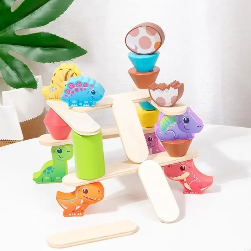 恐竜テーマのバランスブロックのおもちゃ幼児用木製バランスとスタッキングブロックボードゲーム完璧な幼児プレゼント 15UB