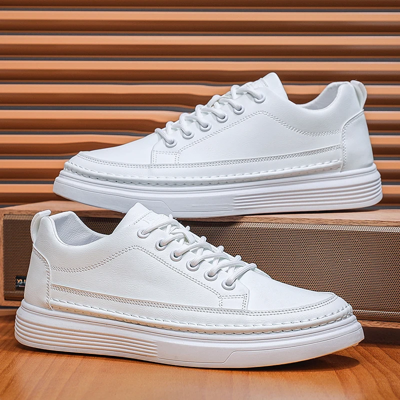 Skate Men White Flat Comfor Trendy Outdoor Sports Casual Walking Lace-Up Sneakers Summer Breathable Leather Shoes For Man