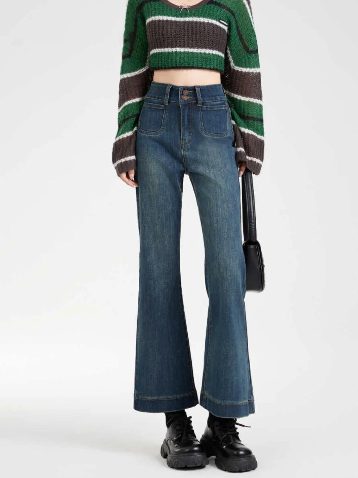 

Retro Blue High Waist Elastic Micro Flared Jeans for Women Spring Autumn Spicy Girls Pocket Design Slim Fit Denim Cropped Pant