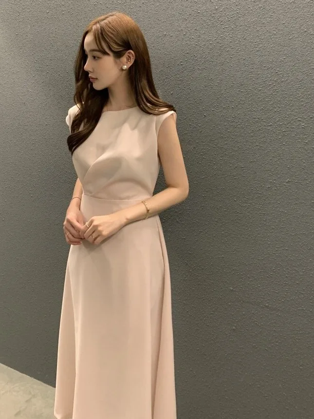 Elegant Long Dress Women's Fragrance Pleated Design Waist Cinching Slimming Korean Style Spring Autumn Winter Casual Wear