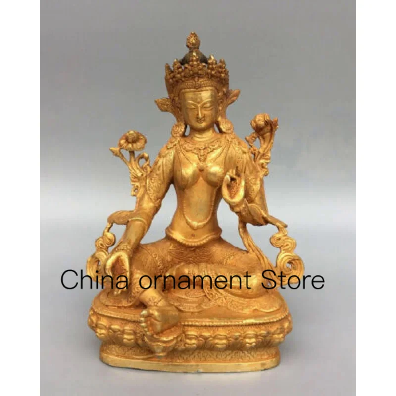 

8.2 Inch Antique Old Temple Tibetan Buddhism Dynasty Bronze Gilded Green Tara Statue