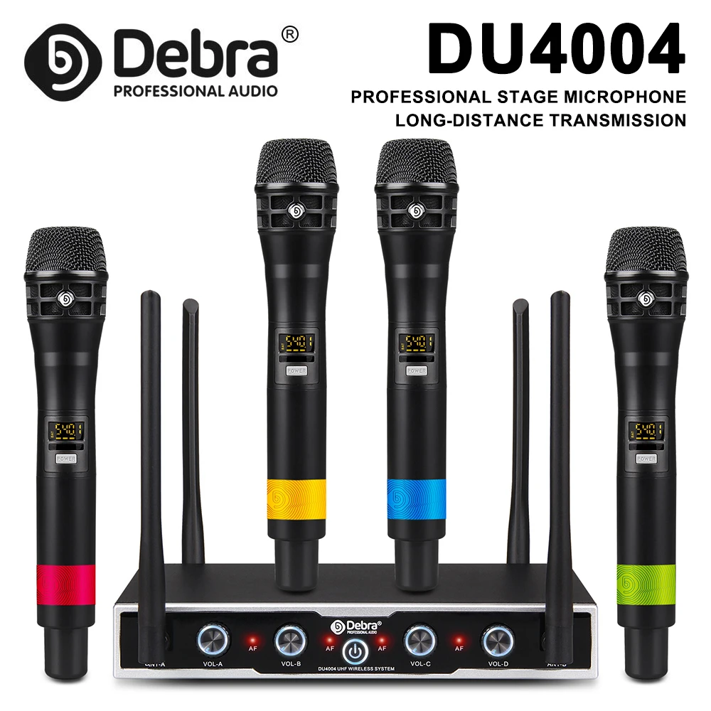 Debra UHF 4-Kanal-Funkmikrofon mit Lavalier-, Hand- und Headset-Mikrofonen für Konferenzen, Präsentationen, Kirchen.