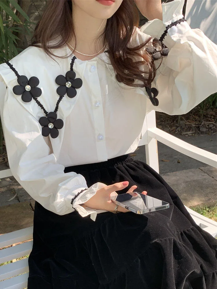 Zoki 3D Floral Elegant White Shirt Women Korean Fashion Loose Long Sleeve Cute Blouse Female Fall Casual Peter Pan Collar Tops