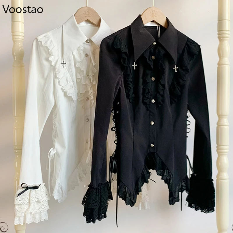 Victorian Gothic Lolita Shirt Women Vintage Y2k Ruffles Cross Lace Ruffles Long Sleeve Blouses Female Elegant Bandage Slim Tops