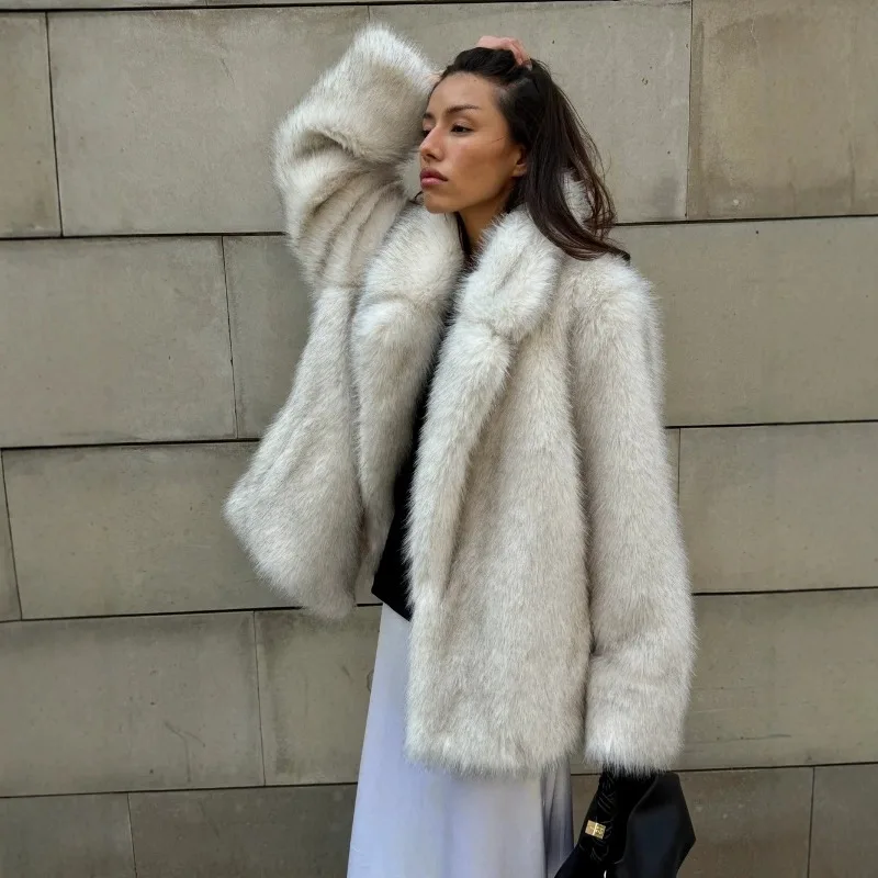 Tuularose Women Faux Fur Coat Thick Warm Imitation Fox Fur Jacket Winter Fluffy Long Sleeve Outerwear Turn-Down Collar Overcoat