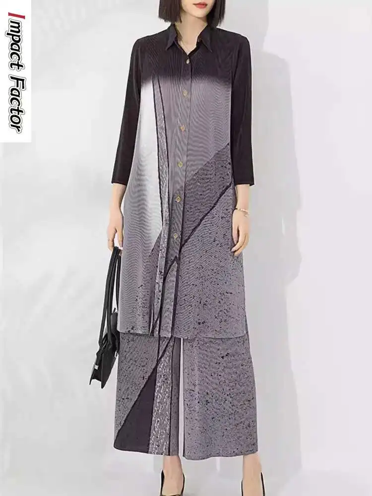 Miyake Contrast Color Print Pleated 2 Piece Set Women Mid Length Loose Tops Wide Leg Trousers Casual 2025 Spring New