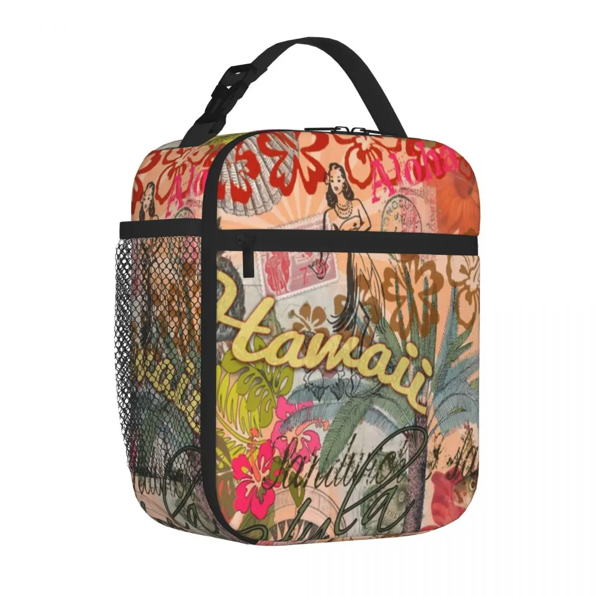 Hot Sale Vintage Hawaii Travel Colorful Hawaiian Tropical Collage Ruffled Adult Lunch Bag Airport Travel Travel Lunch Bag
