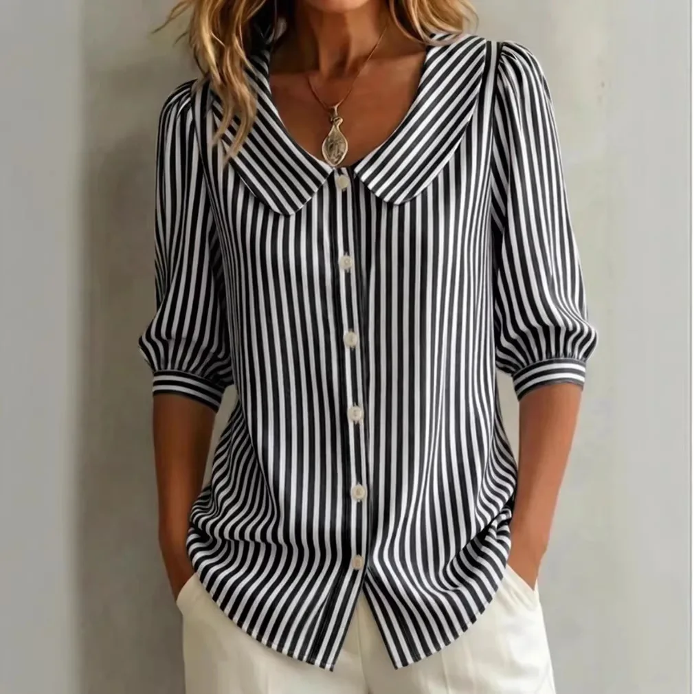 Printed Striped Casual Loose Five-quarter Sleeve Shirt For Women