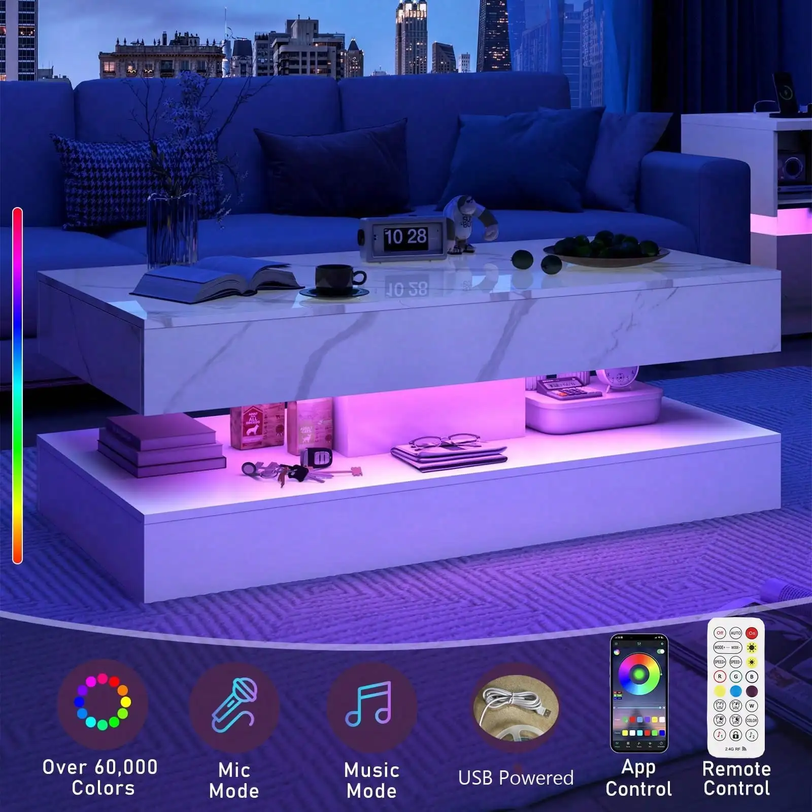 39/47inch Large High-Glossy LED Coffee Table With 2 Sliding Drawers, Living Room Storage Tables With Marbling Print, Modern Stylish Double-Layer Center Tables W/ USB Powered LED Lights