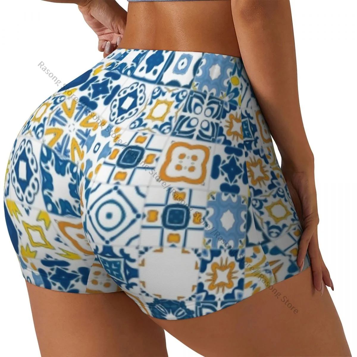 

Шорты для йоги из спандекса для женщин, мозаичные португальские шорты Azulejo с средиземноморским эффектом, шорты для тренировок