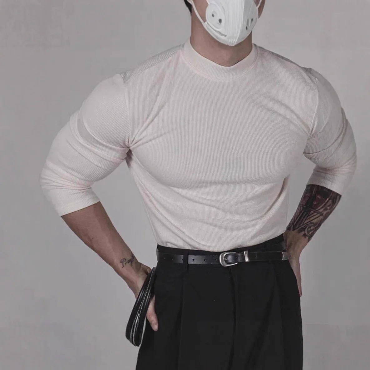 Mock Neck Ice Silk Ribbed Textured Slim Stretch Long Sleeve T-Shirt Men's Cooling Quick-Dry Base Layer Top