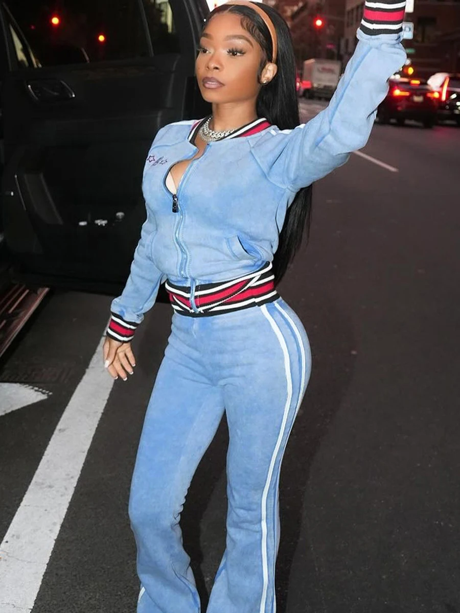 Weird Puss Trendy Baseball Jaet Pantaloni lunghi slim fit da donna Set Stampa digitale Effetto Ombre Tono blu Casual Sle Abbigliamento autunnale