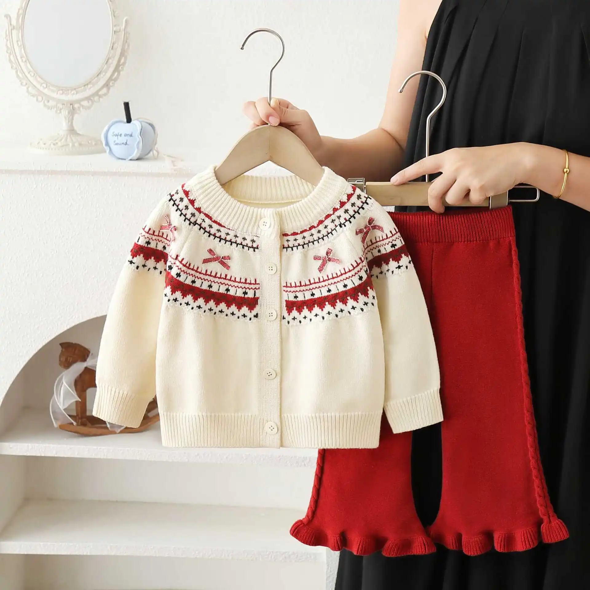 Girls Sweater Set Girls Fair Isle Jacquard Cardigan & Lace Pants Set, Vintage Sweater Two-Piece Outfit 2-6T