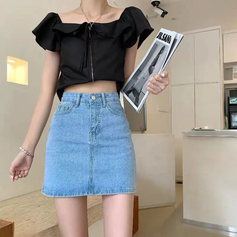 

Women's Denim Skirt Tight Blue Wrap Female Jeans Skirts Mini High Quality Luxury Elegant Modest Vintage A Line Korean Fashion