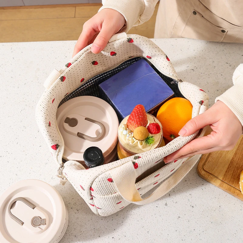 Strawberry Flower Ice Bags Food Box Portable Thermal Lunch Bag Corduroy Durable Waterproof Cute Lunch Box Insulated Case Camping