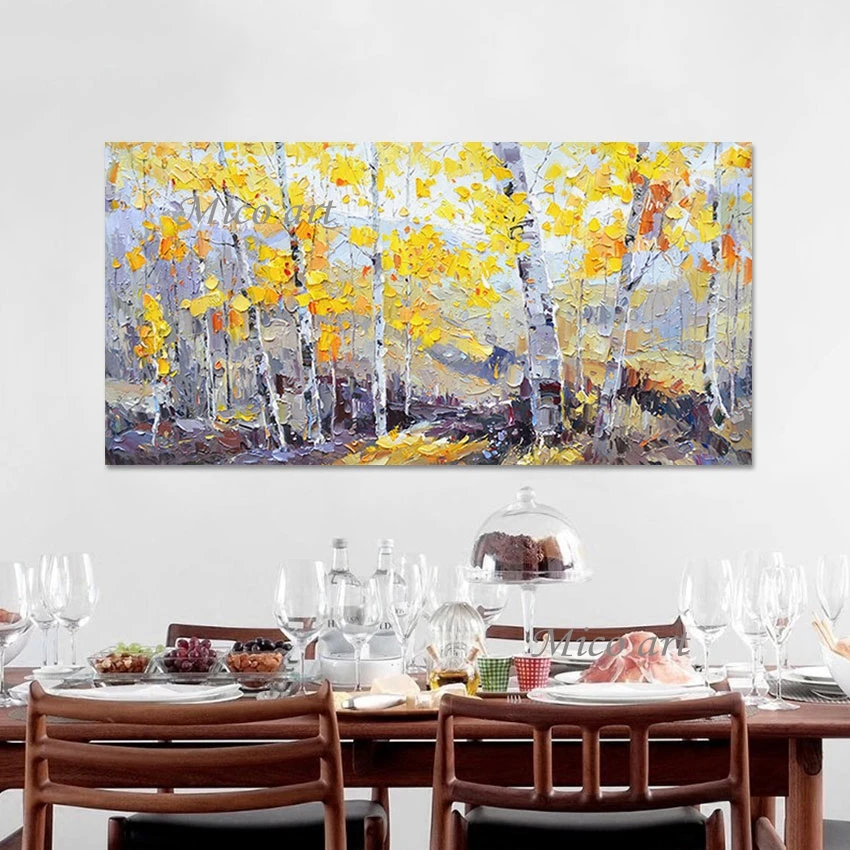 3D صورة جميلة مشهد الفني غير المؤطرة لوحات قماشية سهلة مجردة جدار الفن الأصفر ورقة شجرة سكين النفط اللوحة