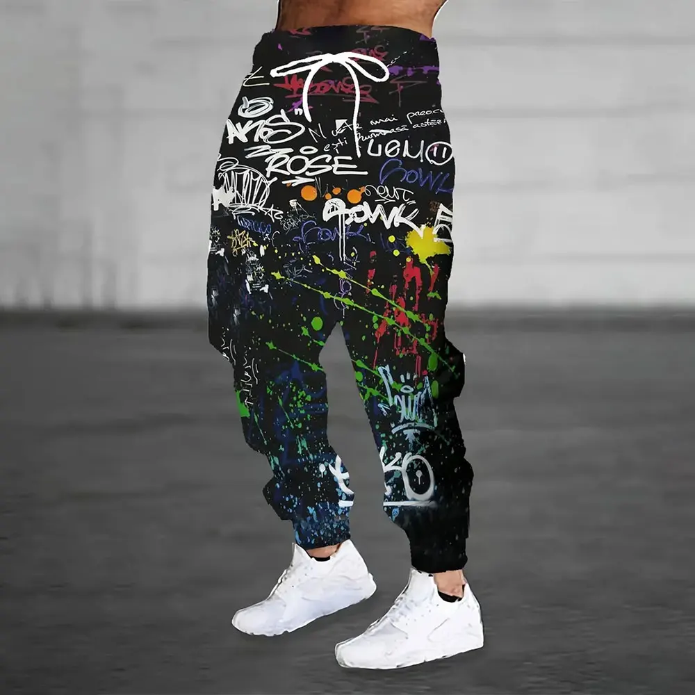 Autumn Men Splash Graffiti 3D Print Jogger Pants Ink Splatter Drawstring Loose Hip Hop Casual Streetwear Sweatpants