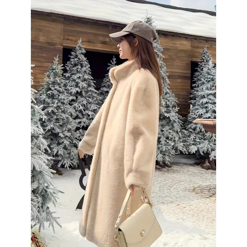 

New Eco-Friendly Fur-Integrated Coat for Women Winter Imitation Mink Fur Mid-Length Over-the-Knee Stand Collar Hidden Button Fa