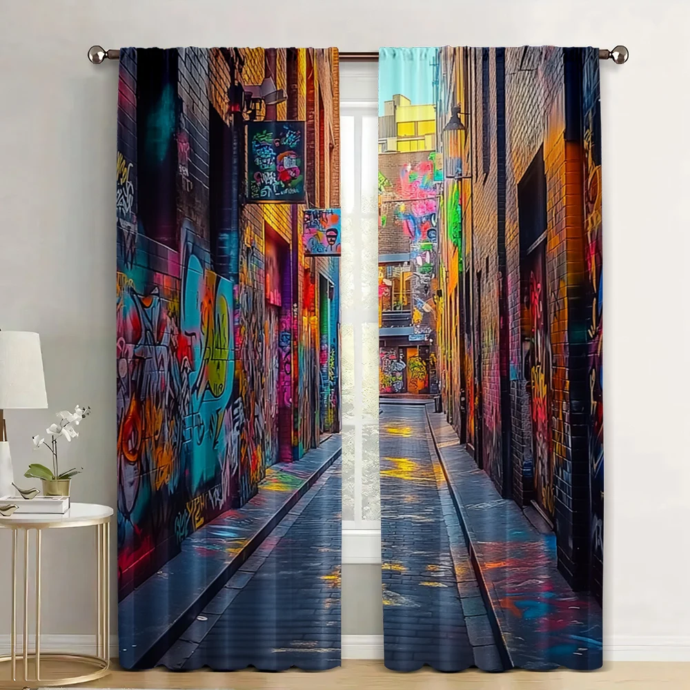 

2pc, Curtains Graffito Street Art Machine Washable Fabric,Without Electricity Family Party Use for bedroom and living room
