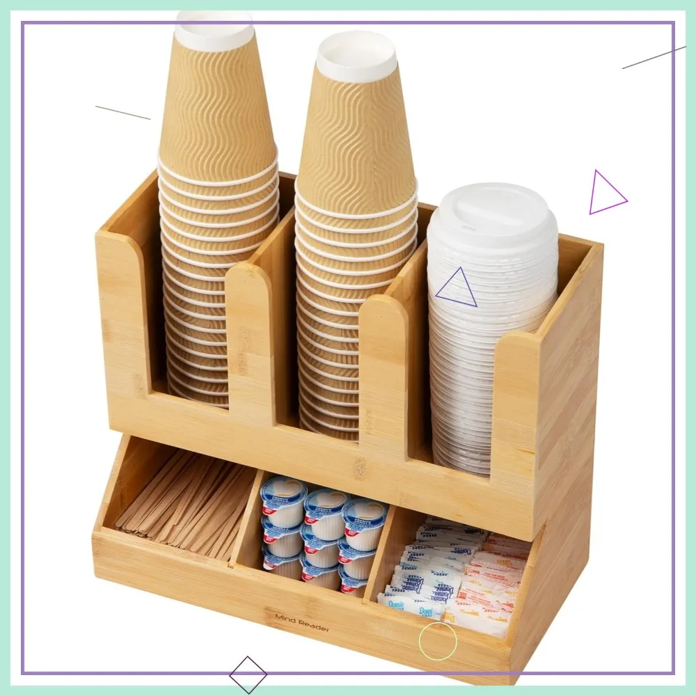 

Bamboo Cup and Condiment Organizer, Countertop Storage for Kitchen or Office, 13.6"L x 6.8"W x 11.5"H