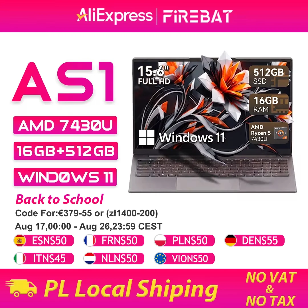 Firebat AS1 Laptop AMD Ryzen5 7430U 16 GB DDR4 3200 MHz 512 GB SSD 15,6 Zoll IPS Windows 11 Notebook Typ-C WIFI6 Tastatur in voller Größe