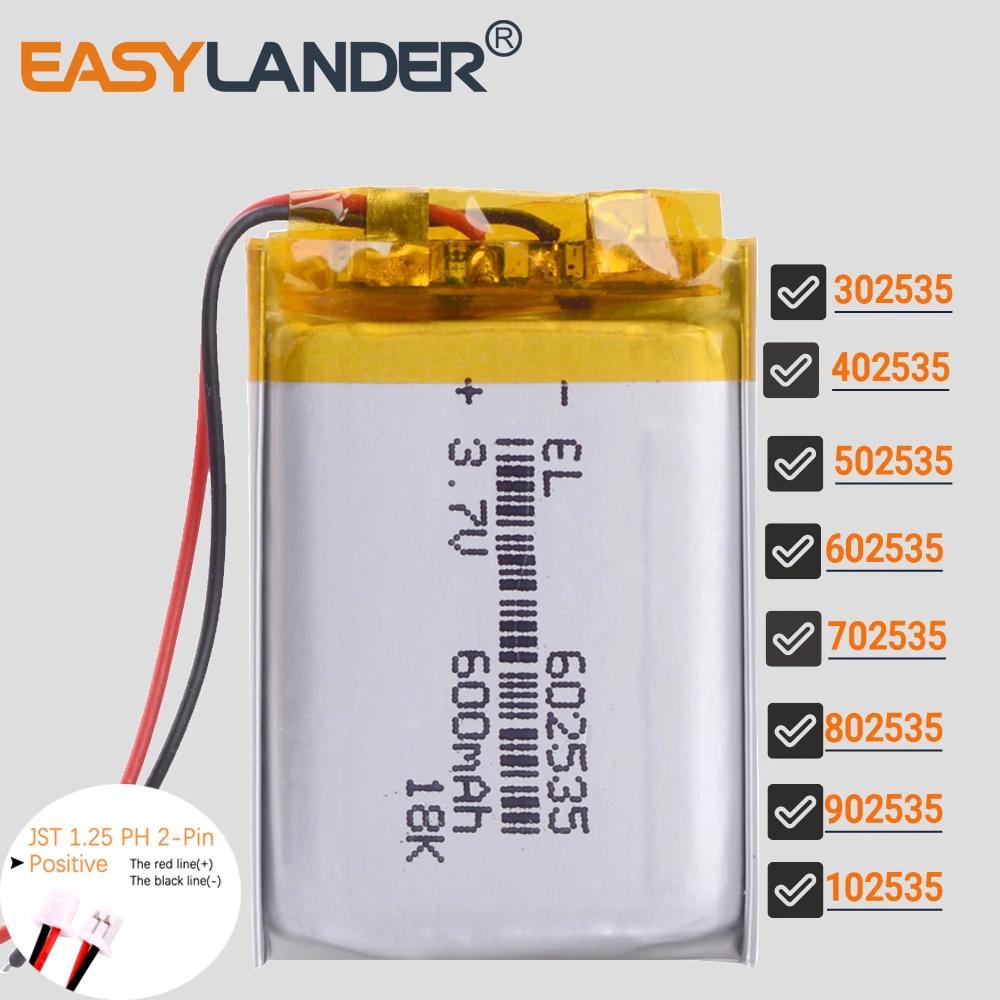 JST1.25 2P 302535 402535 502535 602535 702535 802535 902535 102535 Rechargeable Li-ion Polymer Lithium Battery Lipo Batteries