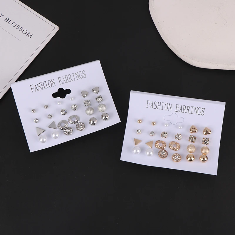 12 Pairs/set Of Stud Earrings Pearl Zircon Card One Week Stud Earrings Simple Design Stud Earrings