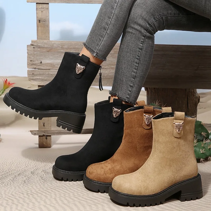 Spring Autumn Fashion British Style Leopard Decor Women's Mid Calf Boots 2026 New Retro Solid Color Zipper Casual Women Shoes