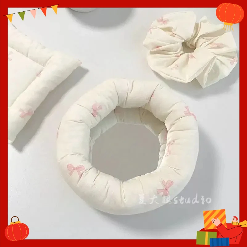 Bow Round Mirror with Fabric Storage Shelves Makeup for Bedroom Dressing Table Charming Young Lady’s Decorative