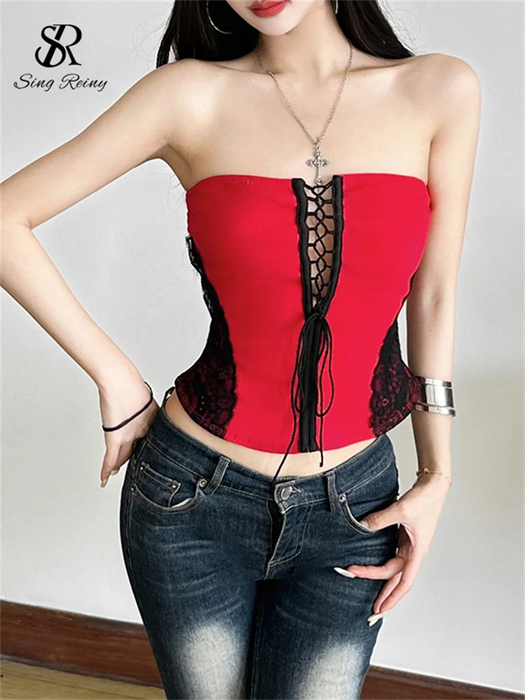 

SINGREINY Summer Sexy Strapless Tops Bandage Hollow Out Backless Lace Splice Chic Mini Camis Women Hotsweet Streetwear Tank Tops