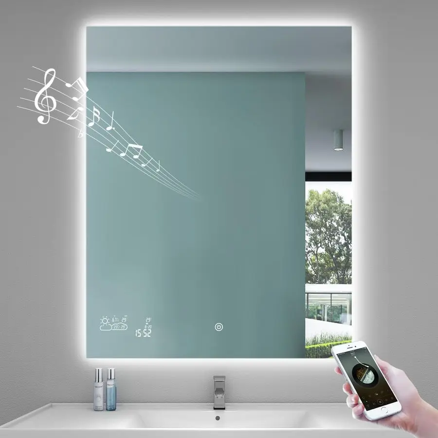 

Smart Bathroom Mirror with Bluetooth WiFi Enabled Weather Display, 32X 40 Fog Free, LED Light Vanity Mirror Backlit Frameless Li